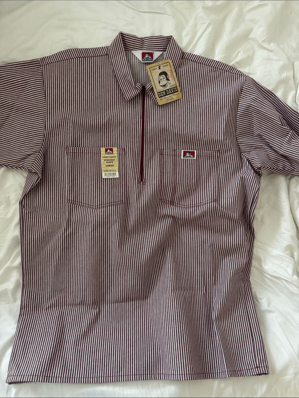 NWT Ben Davis Burgundy and White Striped Short-Sleeve Work Shirt